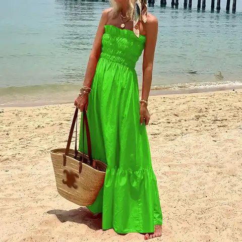 Elegant Slash Neck Big Hem Beach Dress Summer Off Shoulder Solid Color Long Dress Female High Waist A-line Pleated Holiday Dress