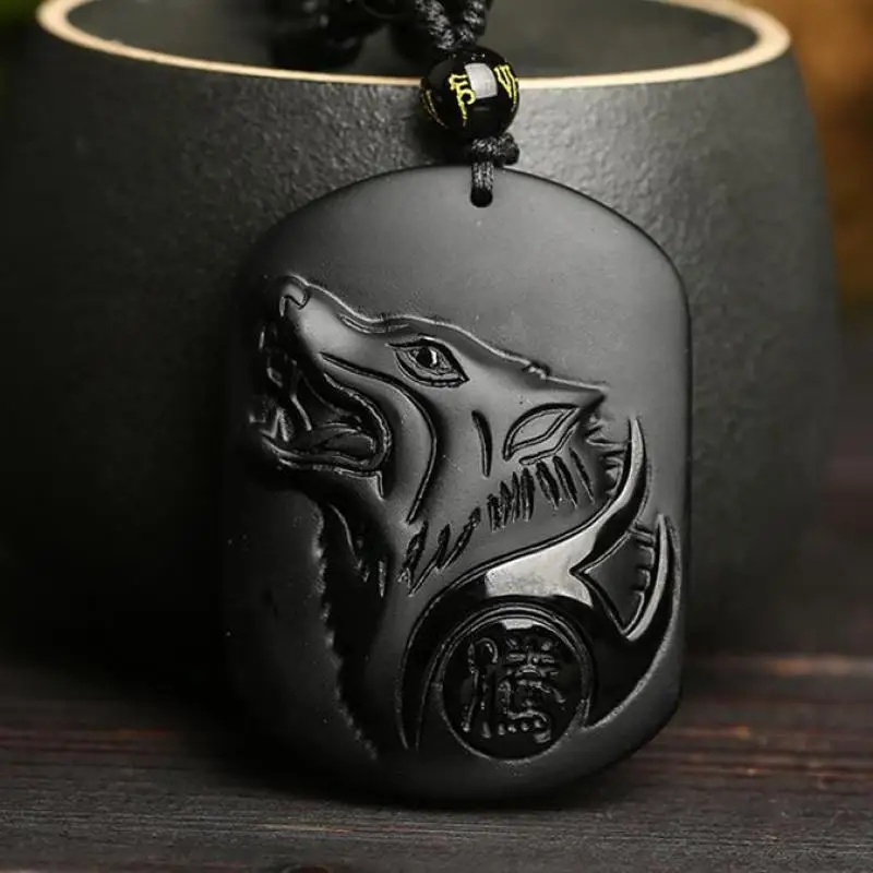 Natural Obsidian Wolf Necklace Men 