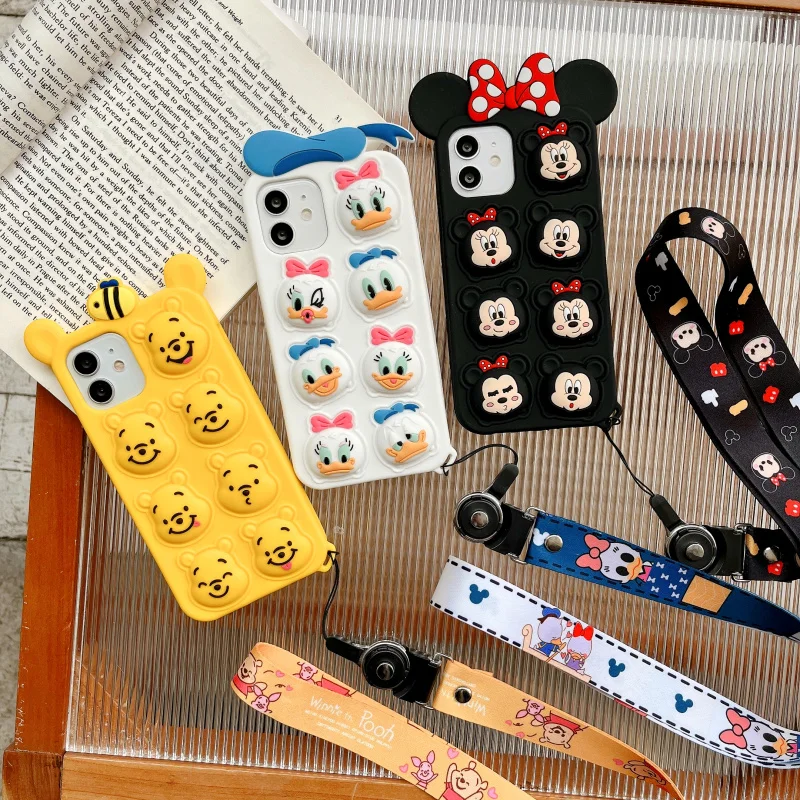 

Disney With Lanyard Mickey Mouse Donald Duck Phone Case For iPhone 13 11 12 Pro Max Mini XS XR X 8 7 Plus SE Back Cover