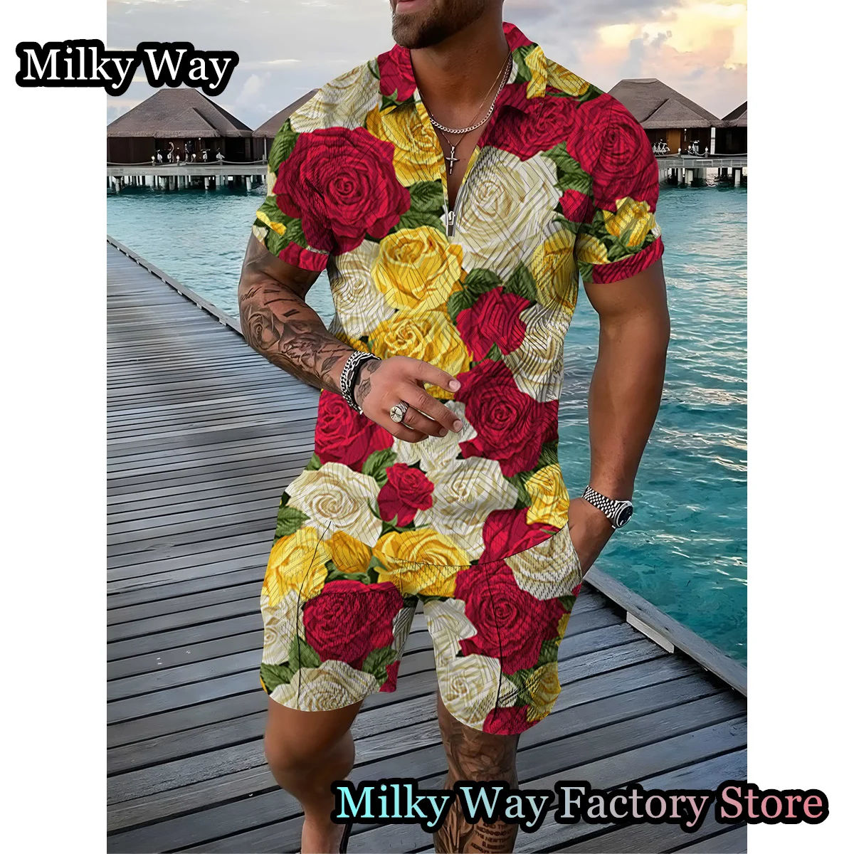 New Summer Men's Vintage Polo Shirt Set 2 Pieces Floral Printing Tracksuit Male Trun Down Collar Outfit Casual Hawaii Clothing