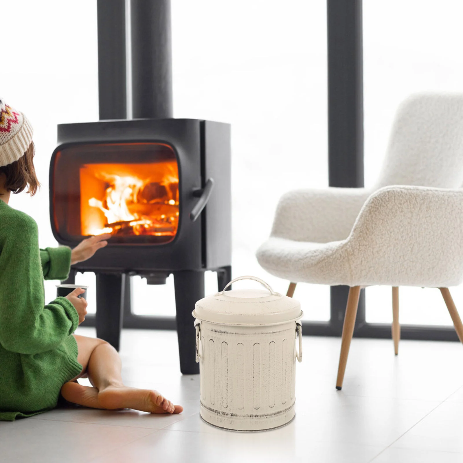 

Storage Bucket Home Ash Handle Lid Table Top Firepit Fireplace Metal Black Buckets