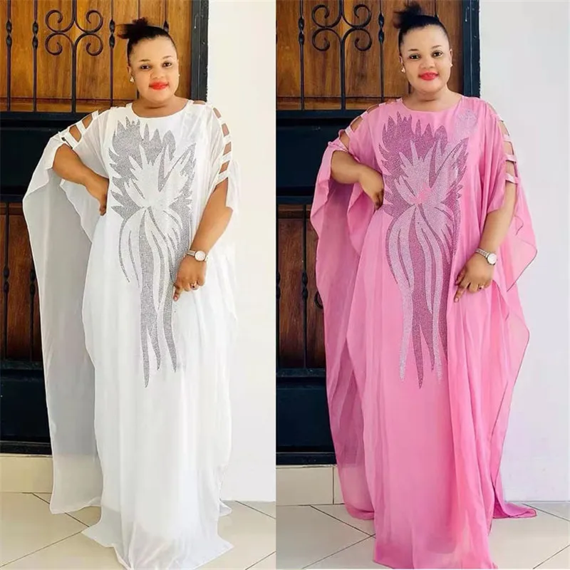 

2022 New African Dashiki Women's Fashion Abaya Stylish Chiffon Fabrics Hot Drilling Loose Long Dress Oversized Free Size+ Inside
