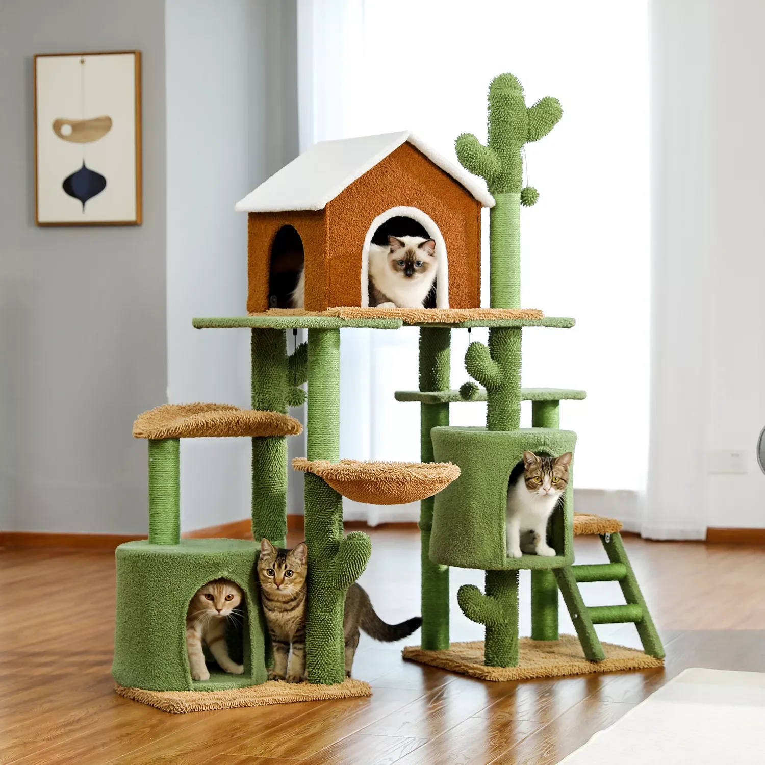 

2022New 3 in 1 Mordern Cat Tree Combination Cat's Tower with Scratching Post Cute Cactus House Furniture with Condo Nest Pet