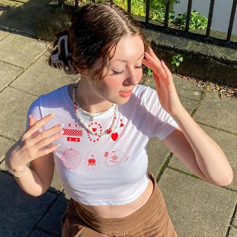 

2000s Cute Streetwear Graphic Baby Tee Women Y2K Fashion Print O Neck Short Sleeve White Tee Kawaii Crop Top Slim Fit
