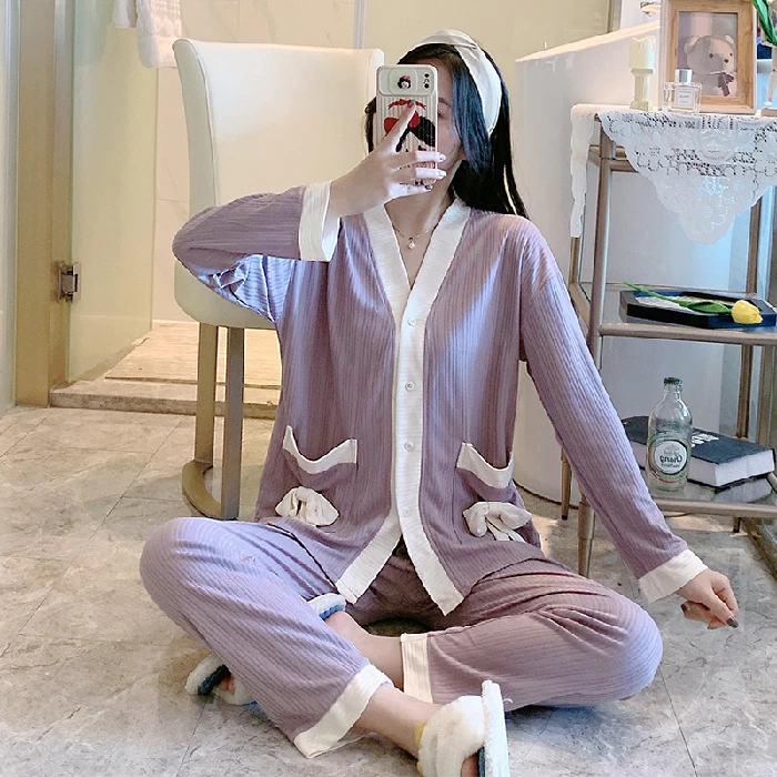 CAIYIER Autumn Winter Cardigan Women Sleepwear V-Neck Long Sleeve Casual Nightwear Girls Soft Feamle Pajamas Set Sleep & Lounge