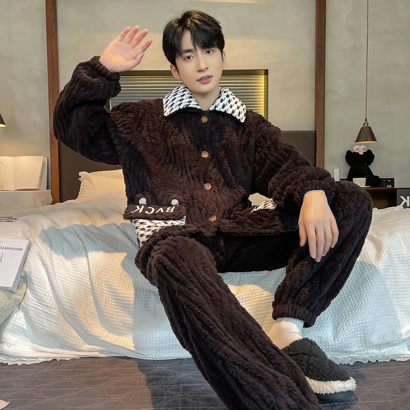 QUHENG Winter Men's Warm Pajama Sets Thick Flannel Pyjama Fashion Hooded Autumn Couple Male Cartoon Pajamas for Men Sleep