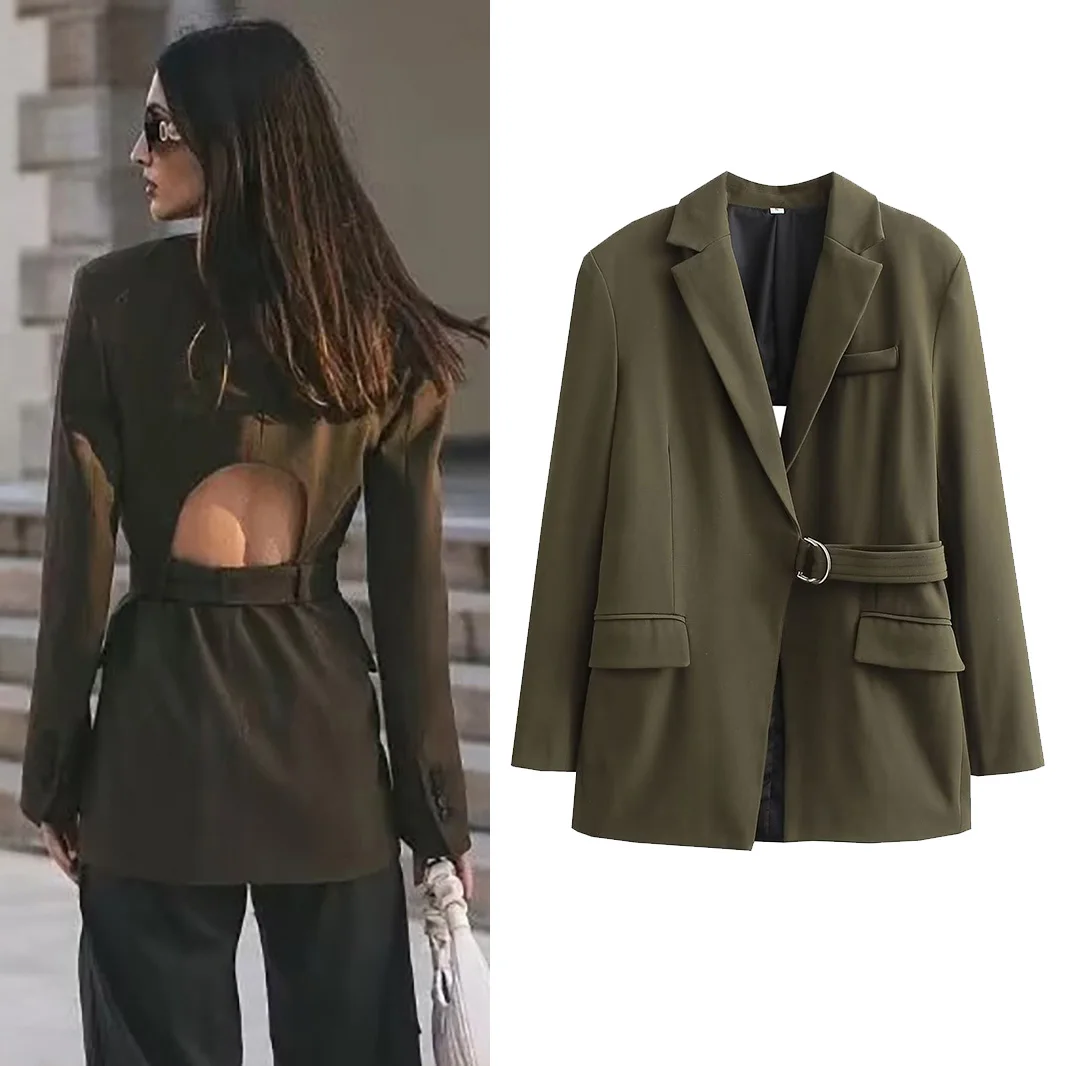 

HDIMM TRAF Fashion Backless Blazer for Women 2023 Summer Vintage Waistband Blazer Coat Female Fashion Notched Collar Outwear