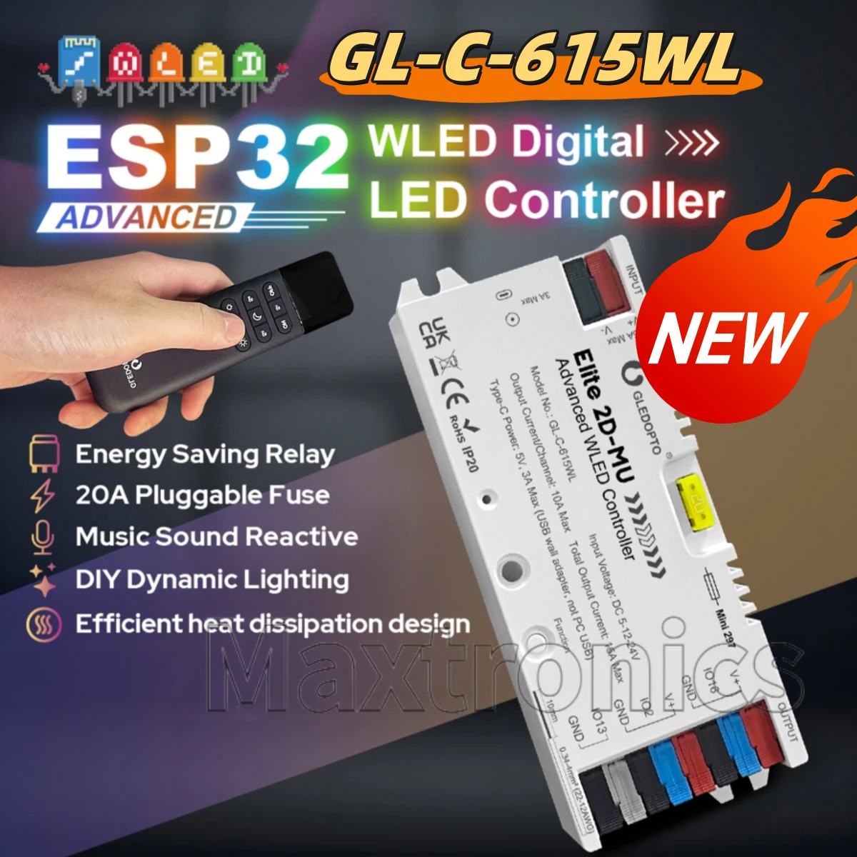 Фото GLEDOPTO Elite ESP32 WLED контроллер 20A предохранитель динамического звука реле энергосбережения для WS2811 WS2812 SK6812 RGBIC светодиодная лента №2