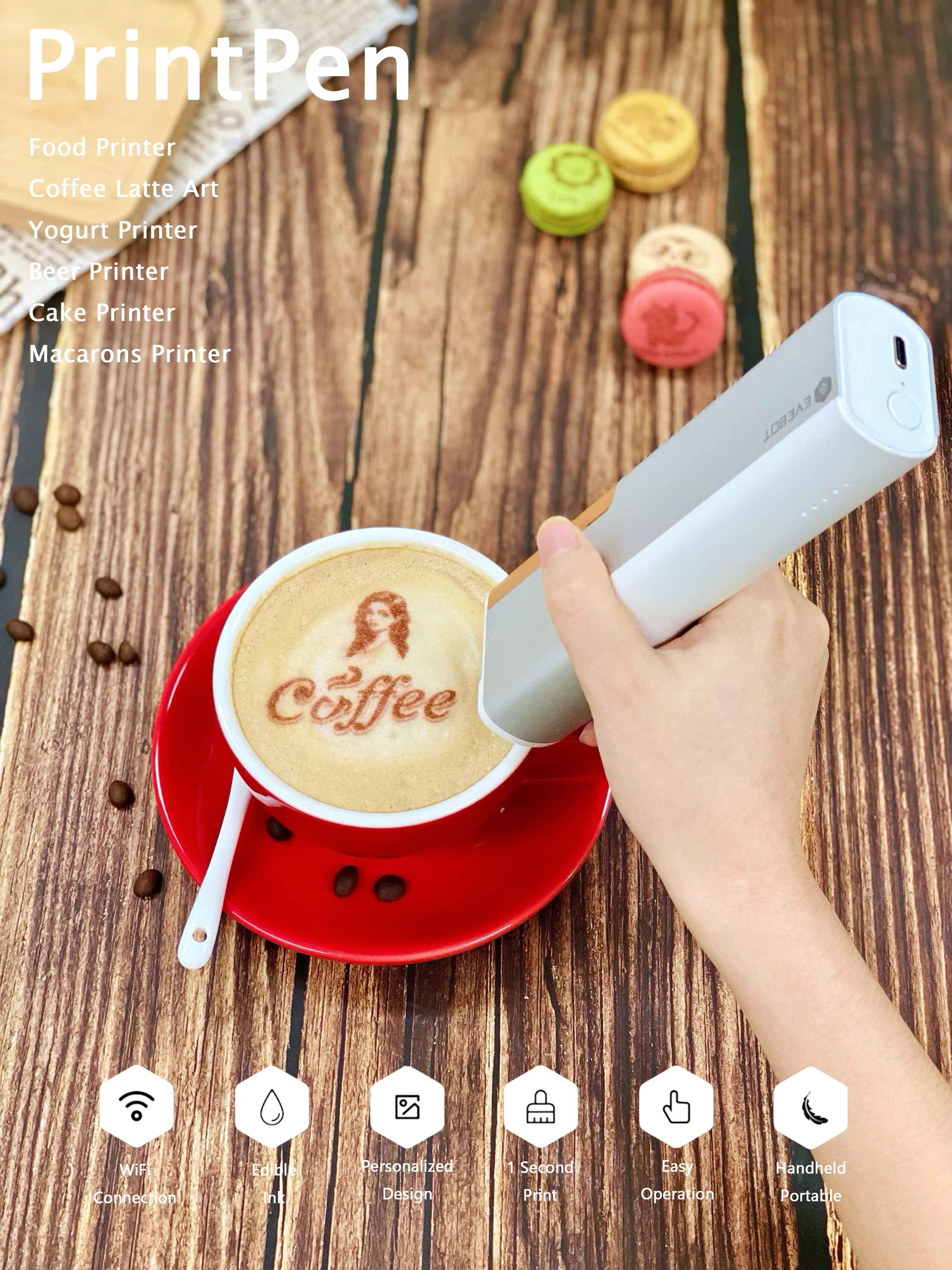 

2023 New Innovation Product EVEBOT PrintPen Handheld Inkjet Food Edible Printer for Coffee and Cake Macaron Chocolate DIY Gift