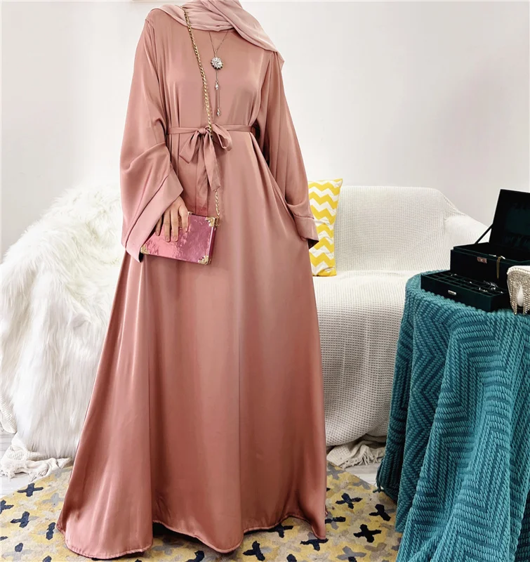 Satin Abaya Dubai With Pockets Free Belt Modest Fashion EID  Muslim Islamic Clothing Women Ramadan Long Sleeve Maxi Dress