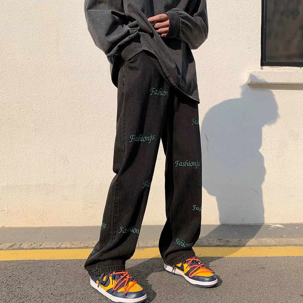 American vibe pants men high street ins jeans tide brand design casual loose straight spring men and women wide-leg pants