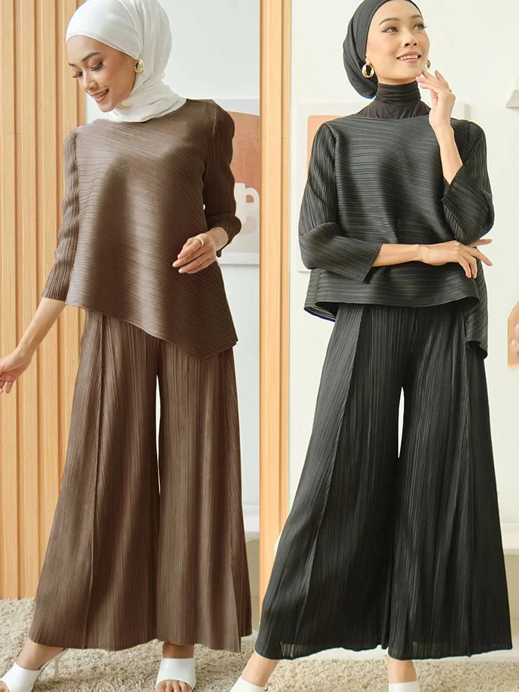 

Турецкий мусульманский Женский комплект из 2 предметов, рубашка, широкие брюки, арабский Дубайский плиссированный комплект, абайя, мусульма...