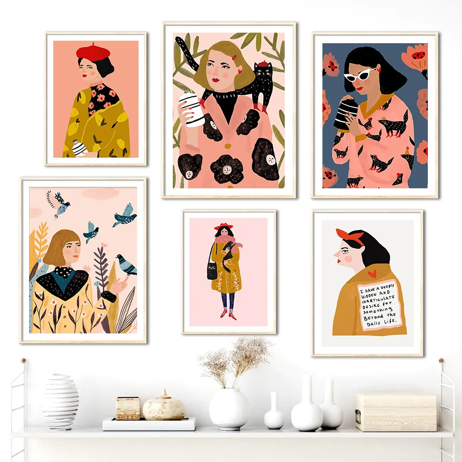 Модная девушка птица цветок лист иллюстрация настенная Картина на холсте