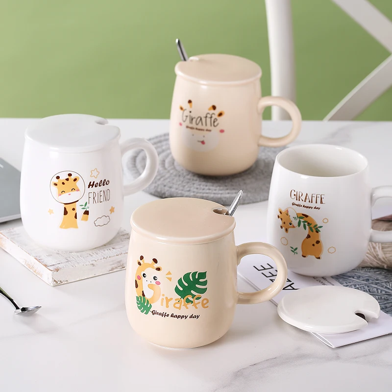 

Cartoon Giraffe Mug with Cover Spoon Coffee Cup Milk Tea Mug Drinkware Ceramic Cups Creative Anime Mug Kawaii Cup Cute Gift