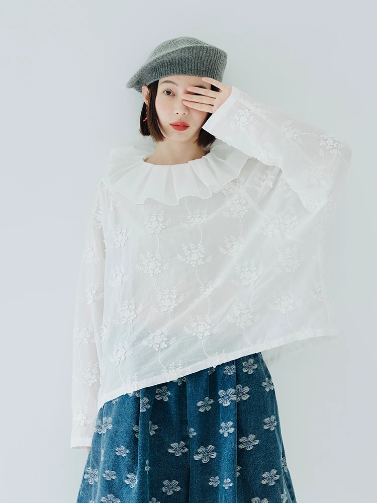 Imakokoni original design white lotus collar Pullover long sleeve T-shirt three-dimensional embroidery sweet casual shirt women