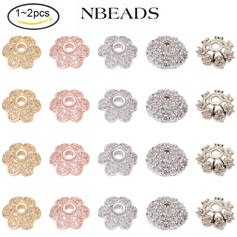 

1-2PC Brass Micro Pave Cubic Zirconia Bead Cap 6-Petal Flower Clear 8x3mm Hole: 1.7mm for Jewelry Making DIY Bracelets