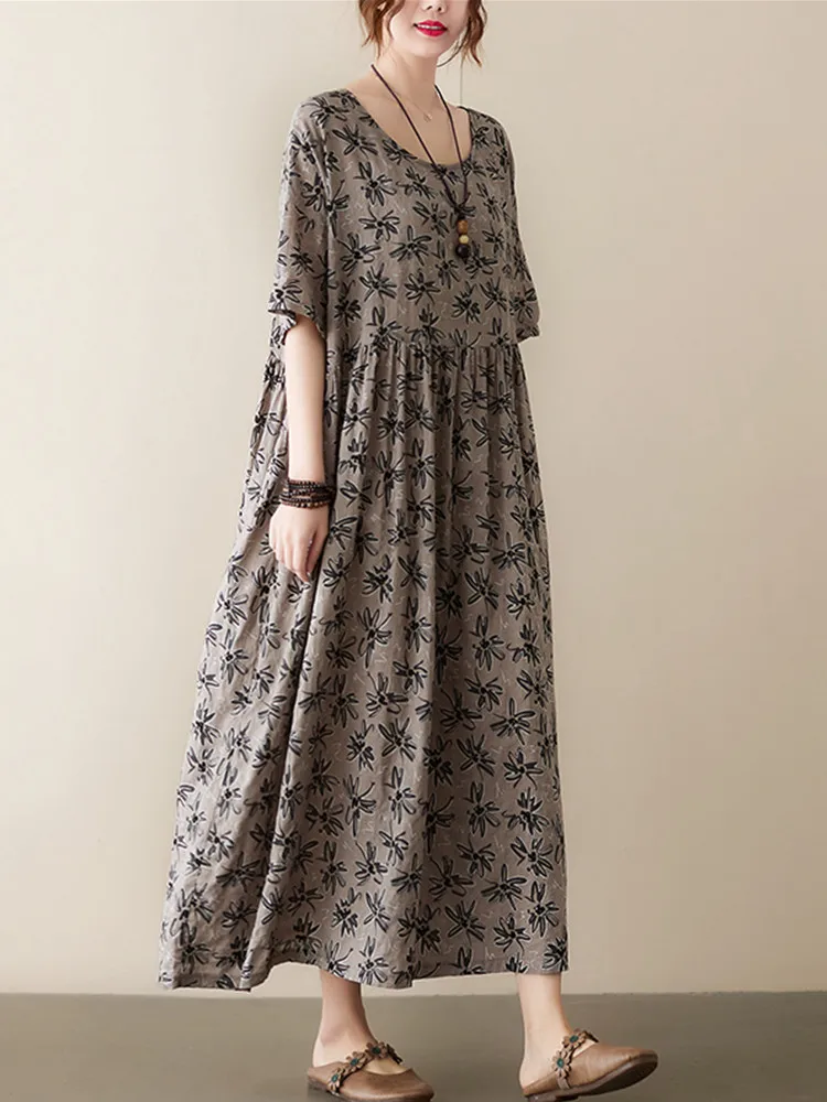 

Short Sleeve Oversize Cotton Vintage Floral Dresses For Women Casual Loose Maxi Long Summer Woman Dress Elegant Clothing 2023