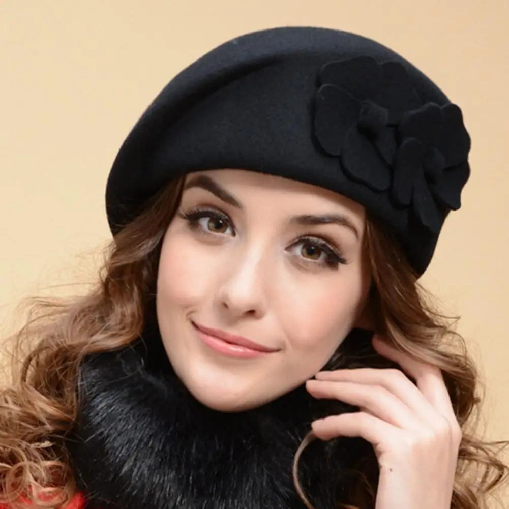 

French Hat Beautiful Washable Dual Flowers Decor Winter Thermal Outdoor Ladies Beret Cap for Outdoor Women Hat Artist Hat