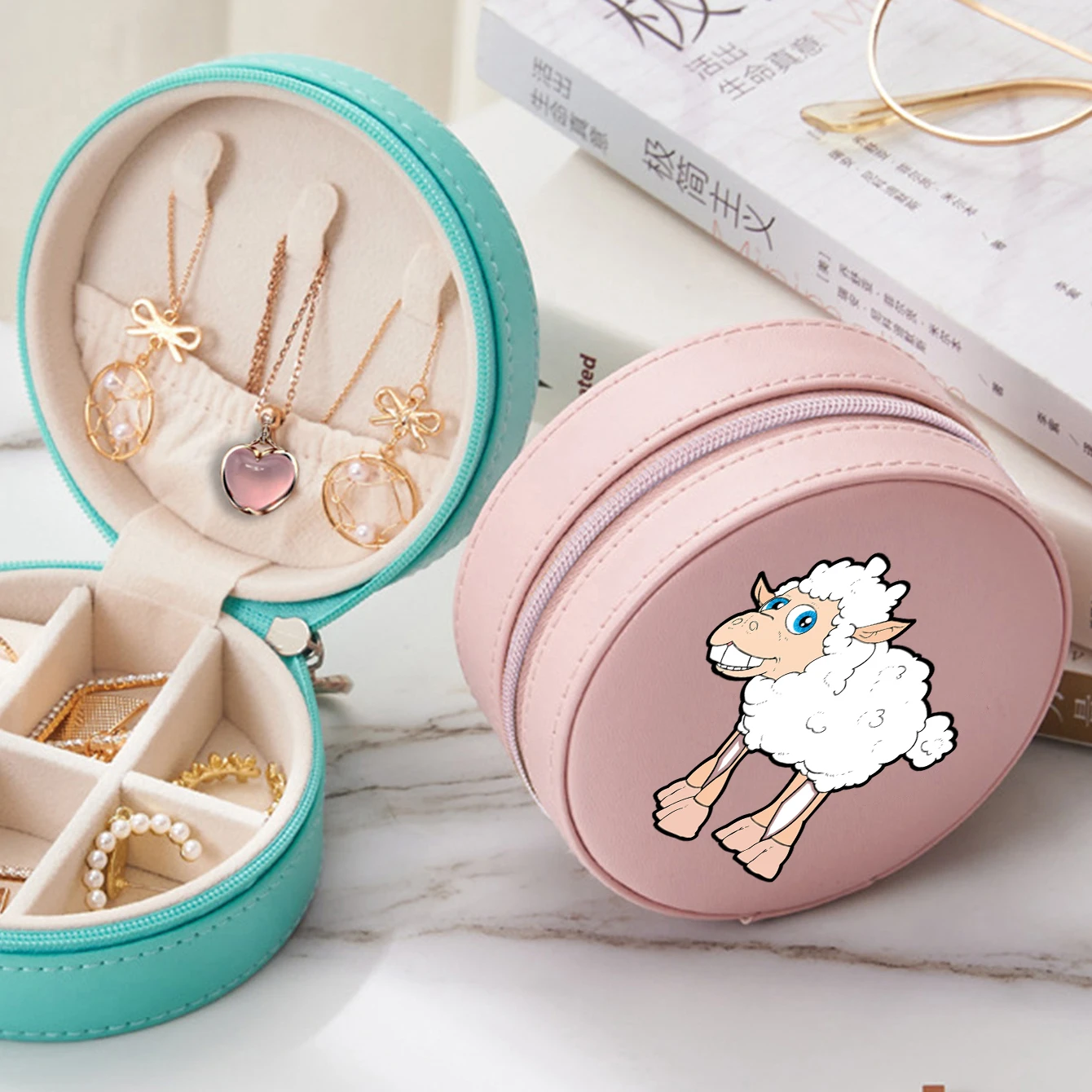 

Pink Sheep Storage Box Organizer Display Travel Jewelry Case Boxes Flower Leather Earrings Necklace Ring Organizer for Gift