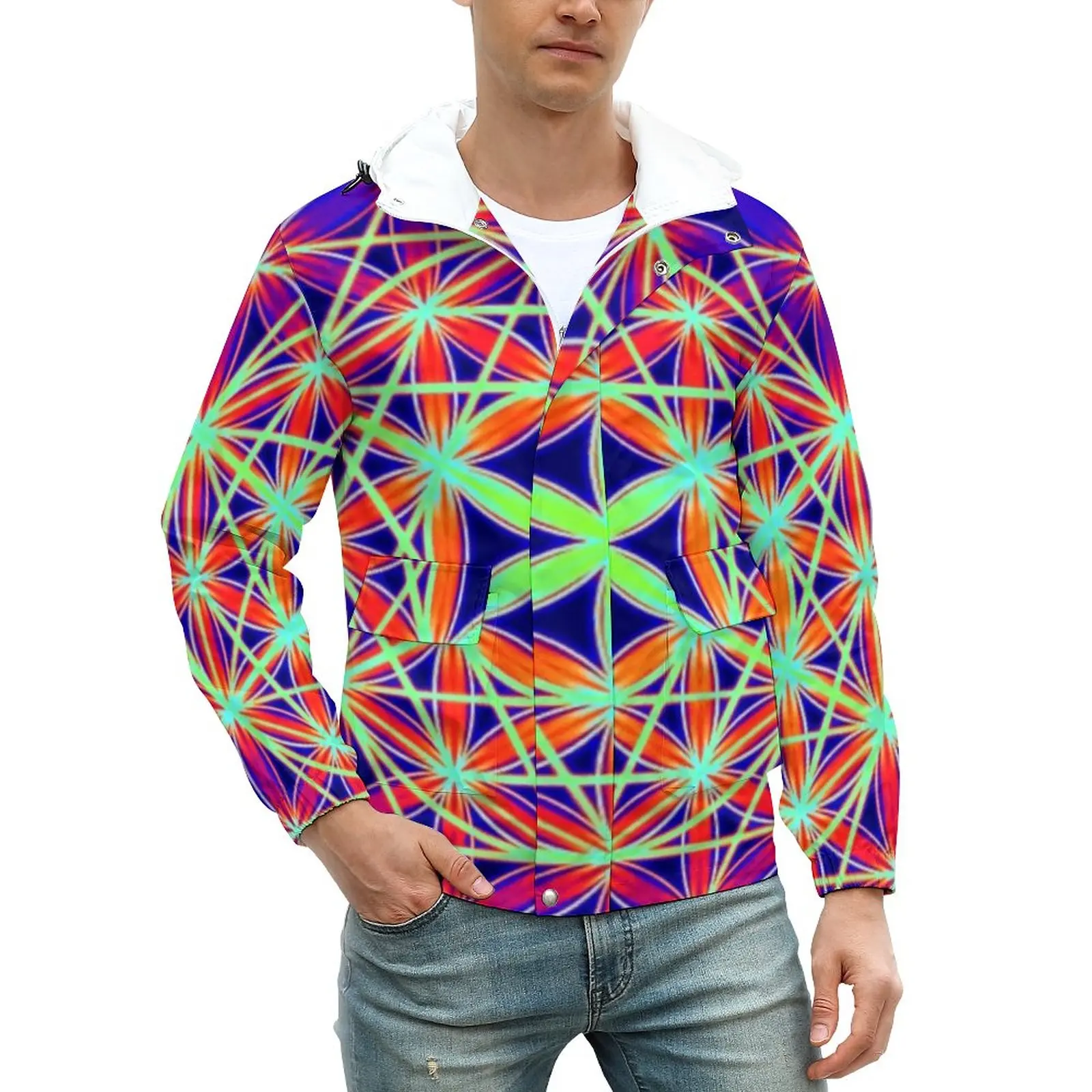 

Куртка мужская с психоделическим принтом, водостойкая верхняя одежда с цветком жизни, в стиле кэжуал, свободная ветровка оверсайз, осень