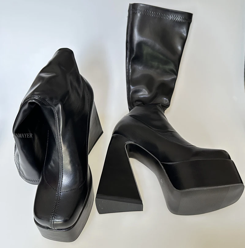 

Женские сапоги до колена, трехслойные, на платформе, с квадратным носком, боковая молния, с коротким плюшем, на очень толстом каблуке