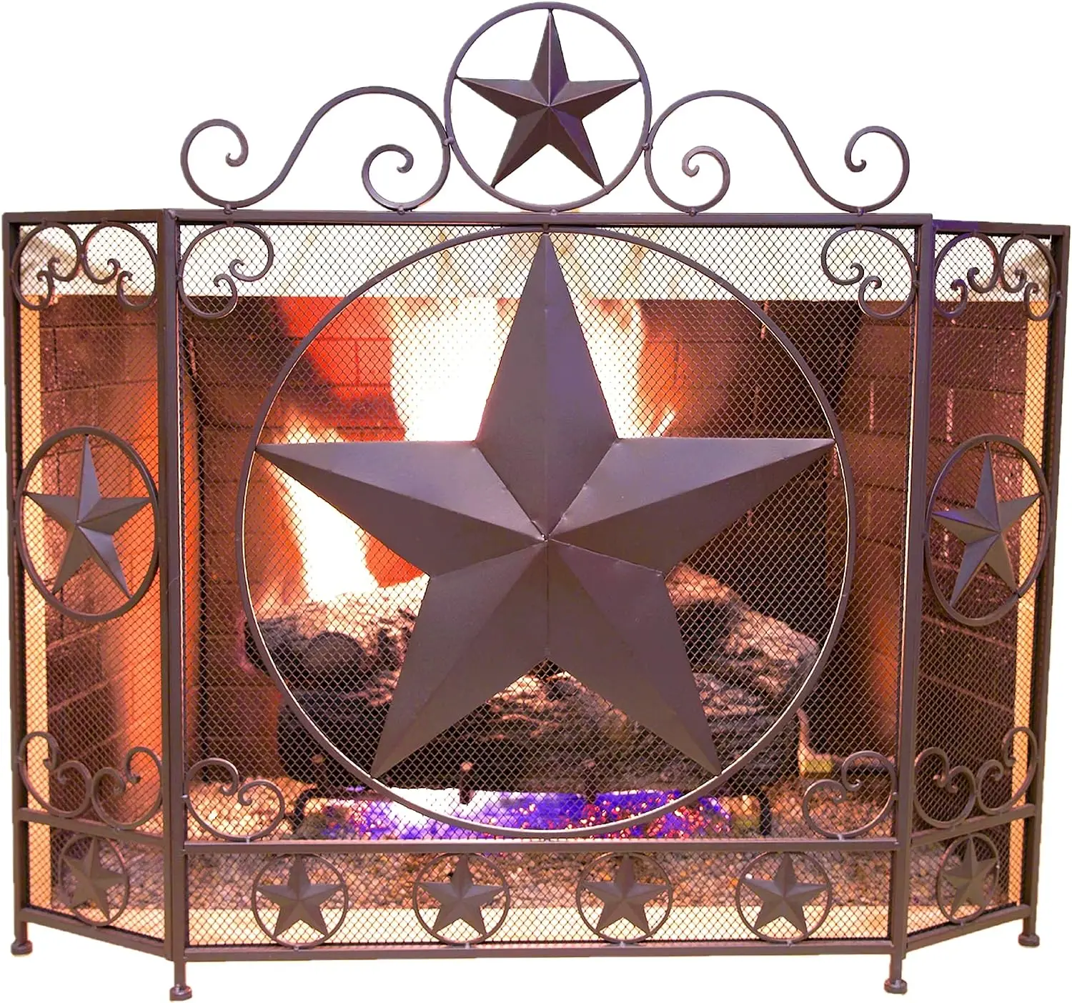 

Metal Foldable Fireplace Screen with Star in Brown Metal Mesh Rustic Country Style