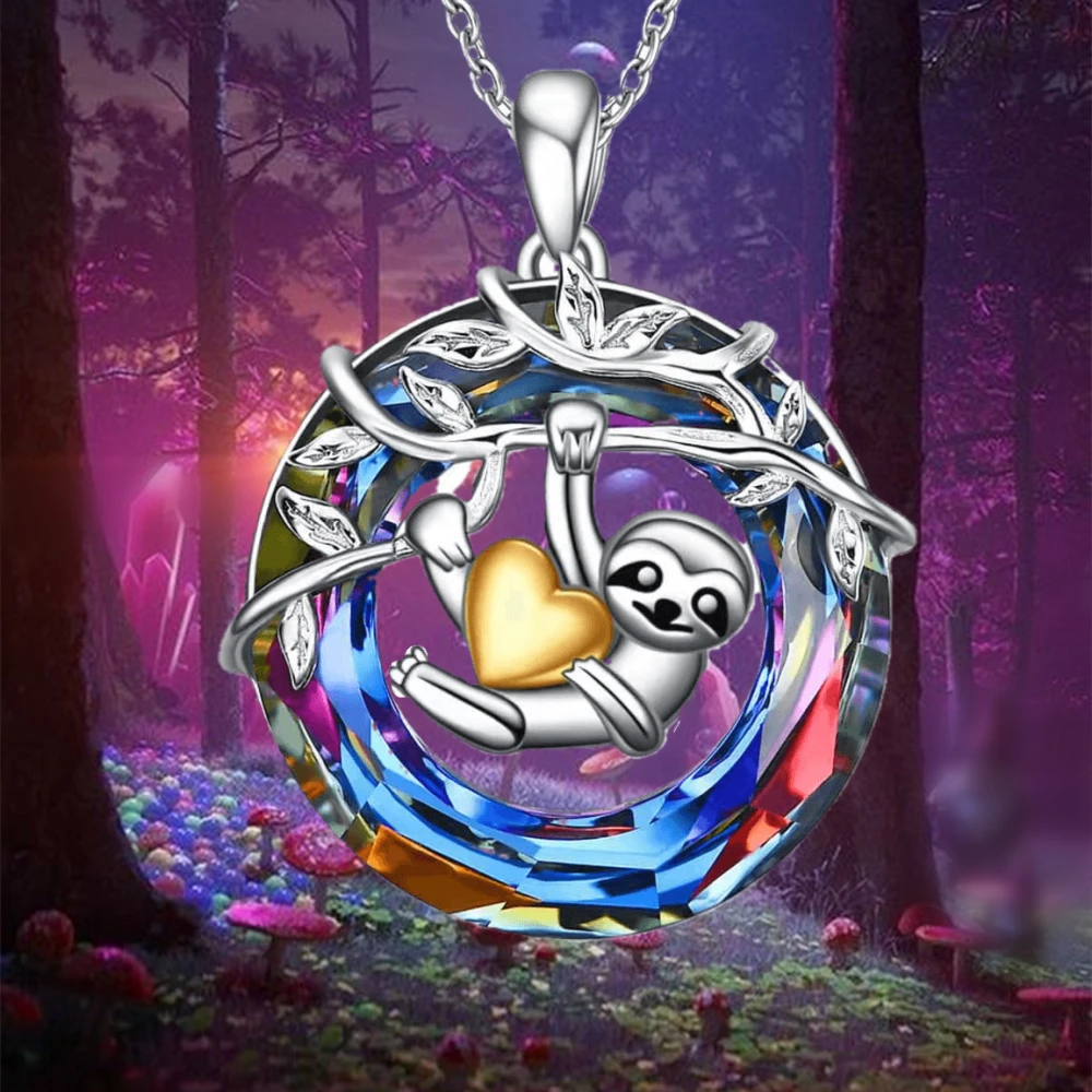 

Charm Round Crystal Bear Necklace for Women Fashion Animal Sloth Korean Amethyst Pendant Valentines Day Gift Anniversary Jewelry