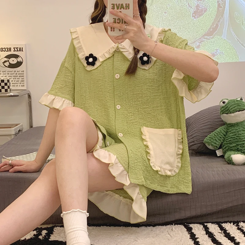 

Sleepwear Women's Summer Thin Short Sleeve Shorts Woven Wrinkle Cardigan Plant Small Flowers Sweet and Cute Home Fury Set M-XXL