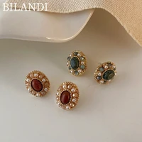bilandi 925%c2%a0silver%c2%a0needle vintage statement earrings delicate design green red stud natural stone earrings for women accessories