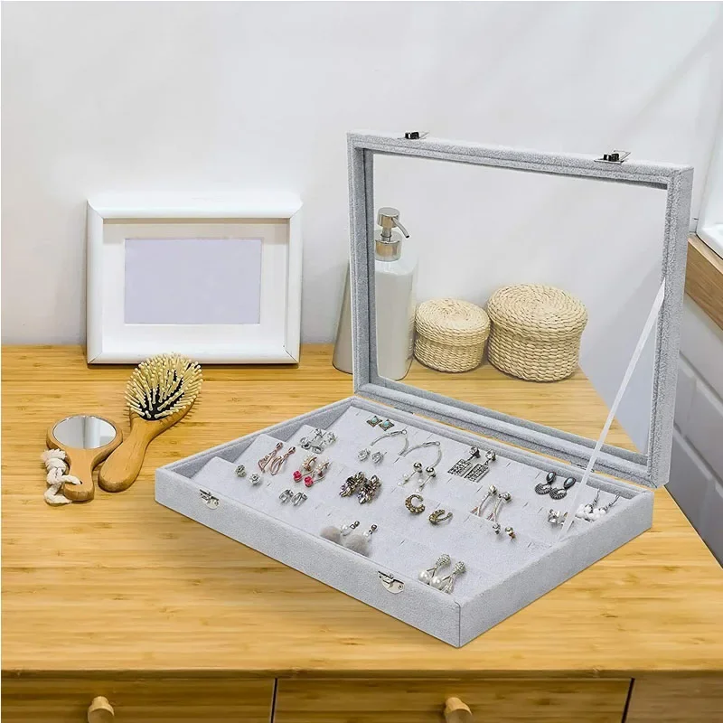 

Шкатулка для хранения ювелирных изделий, серый прозрачный бокс большой емкости для серег, колец, демонстрация ювелирных изделий, принадлежности для хранения