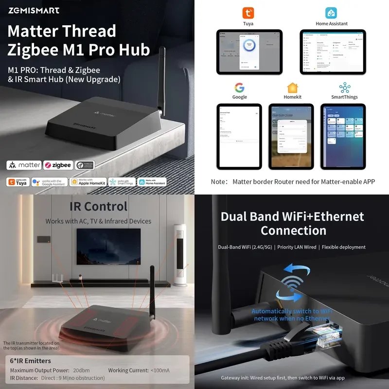 Фото Zemismart Matter Thread Hub Zigbee Smart Home Bridge Matter M1 PRO Gateway со встроенным ИК-портом, совместим с Google Home №1