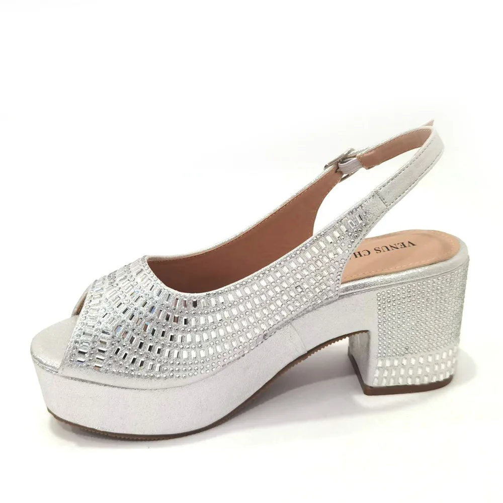 Venus Chan Latest Summer Women's Shoes Platform Heels Italian Design All Diamond Silver Evening Shoes and Bags Matching Set 2023