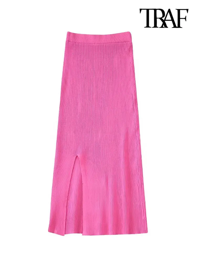 

TRAF Women Fashion Front Slit Knit Pencil Skirt Vintage High Waist With Elastic Waistband Female Skirts Mujer