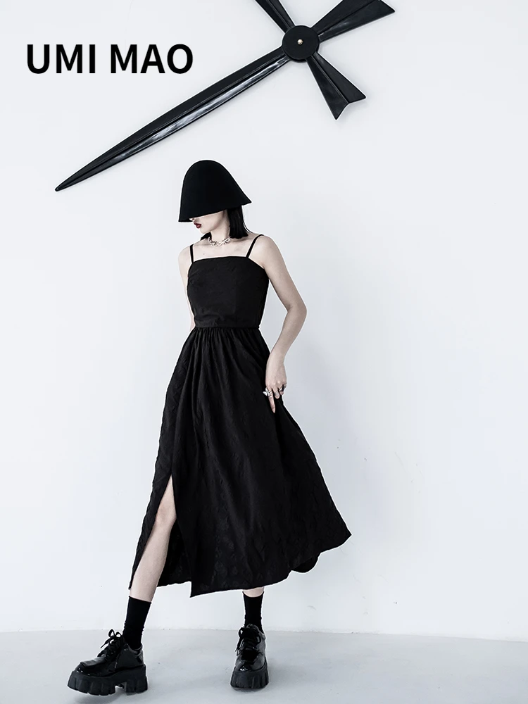 

UMI MAO Yamamoto Dark Black Dress Female Spring 2022 Long Niche Design Sense Waist Suspender Summer Outer Wear Women Y2K