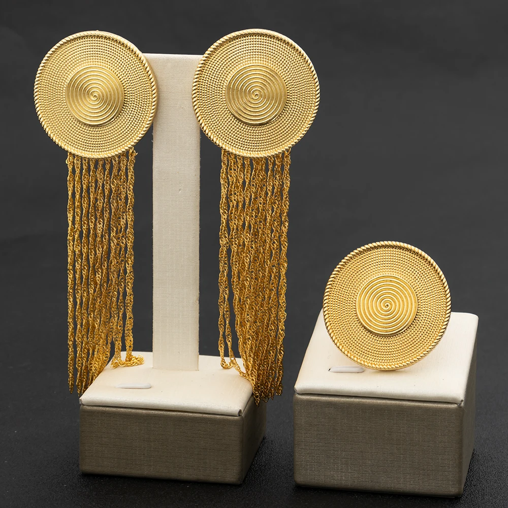 

Ethiopian Drop Earrings and Ring Set for Party Ladies Elegant Gold Color Tassel Earrings and Adjustable Ring African Engagement