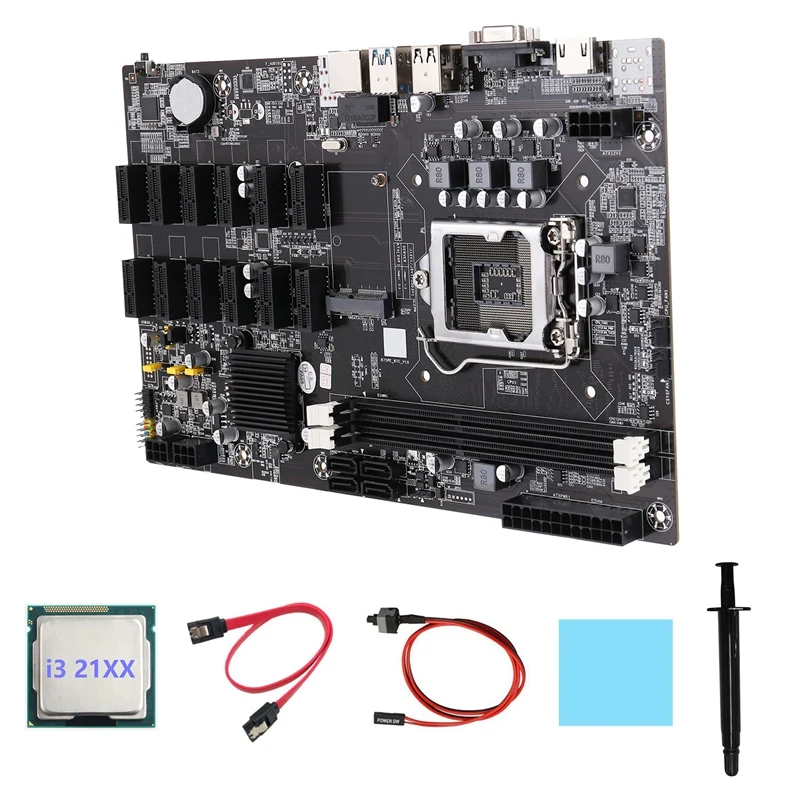 

B75 12 PCIE ETH Mining Motherboard+I3 21XX CPU+SATA Cable+Switch Cable+Thermal Pad+Thermal Grease BTC Miner Motherboard