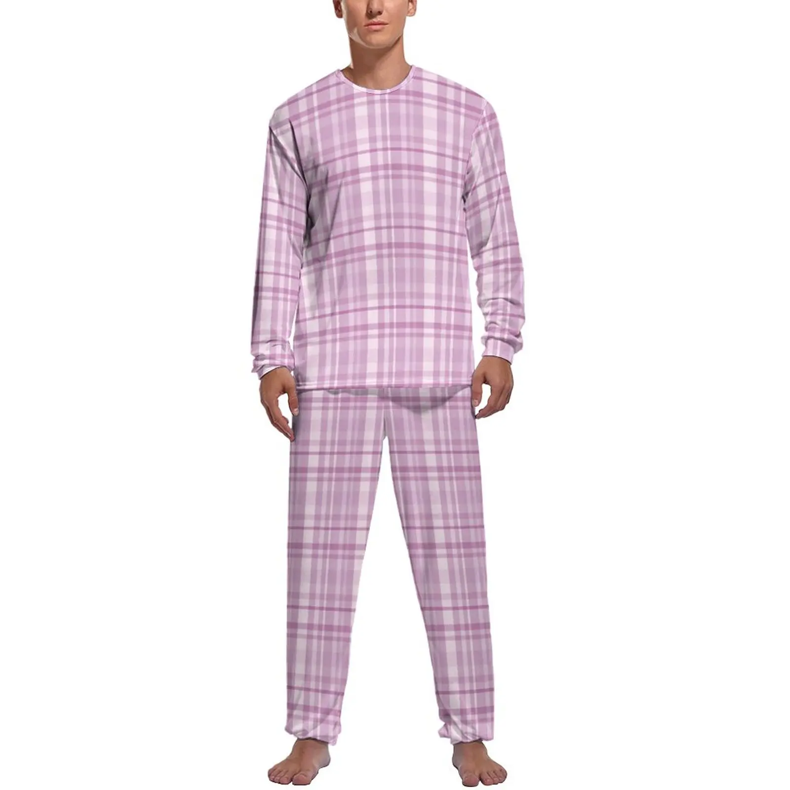 Lavender Purple Plaid Pajamas Daily 2 Pieces Pink Lines Print Romantic Pajama Sets Man Long Sleeves Room Graphic Nightwear