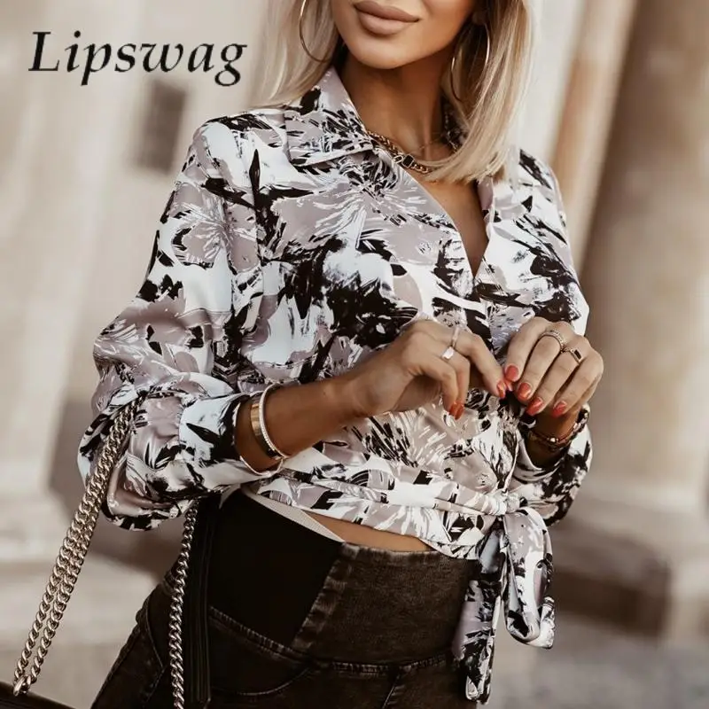 

Sexy V Neck Bandage Waist Slim Bowknot Shirt Commuting Elegant Casual Long Sleeve Tops Blusa Autumn Fashion Print Women's Blouse