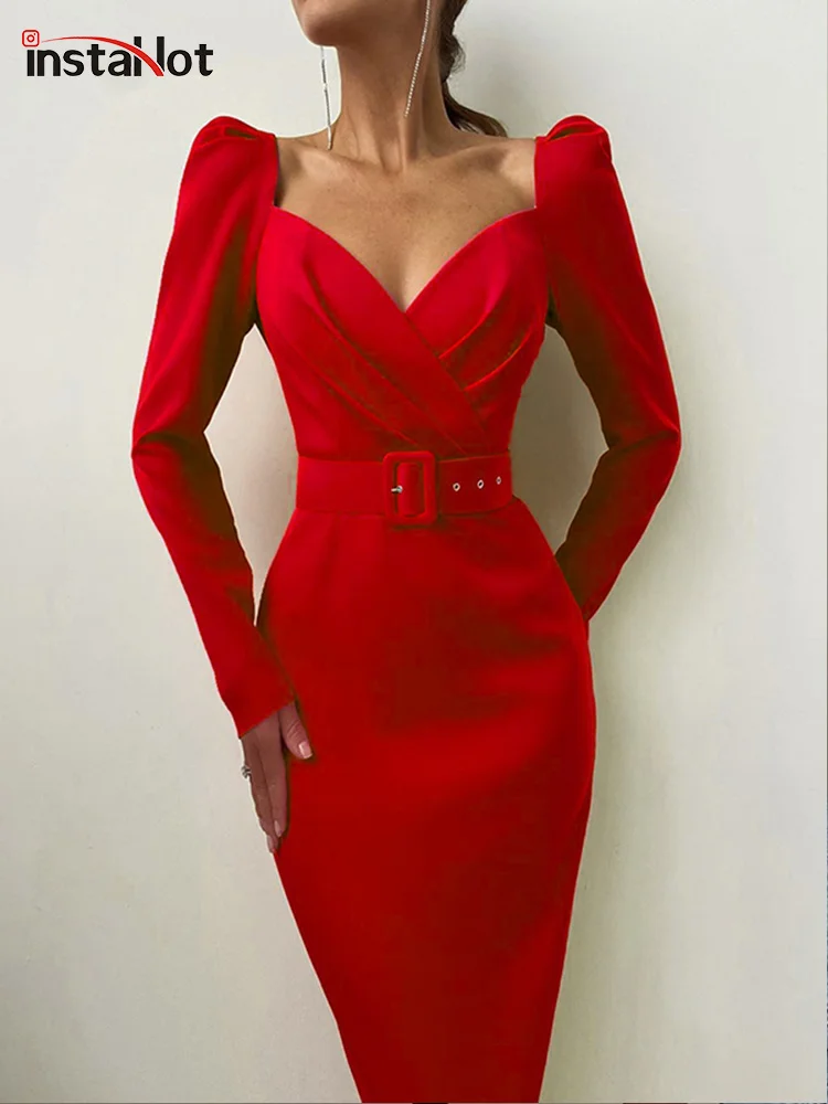 

InstaHot Elegant Party Women Dress Slim V Neck Long Sleeve Mid Calf Pencil Dress 2020 Casual Office Lady Solid Red Puff Sleeve