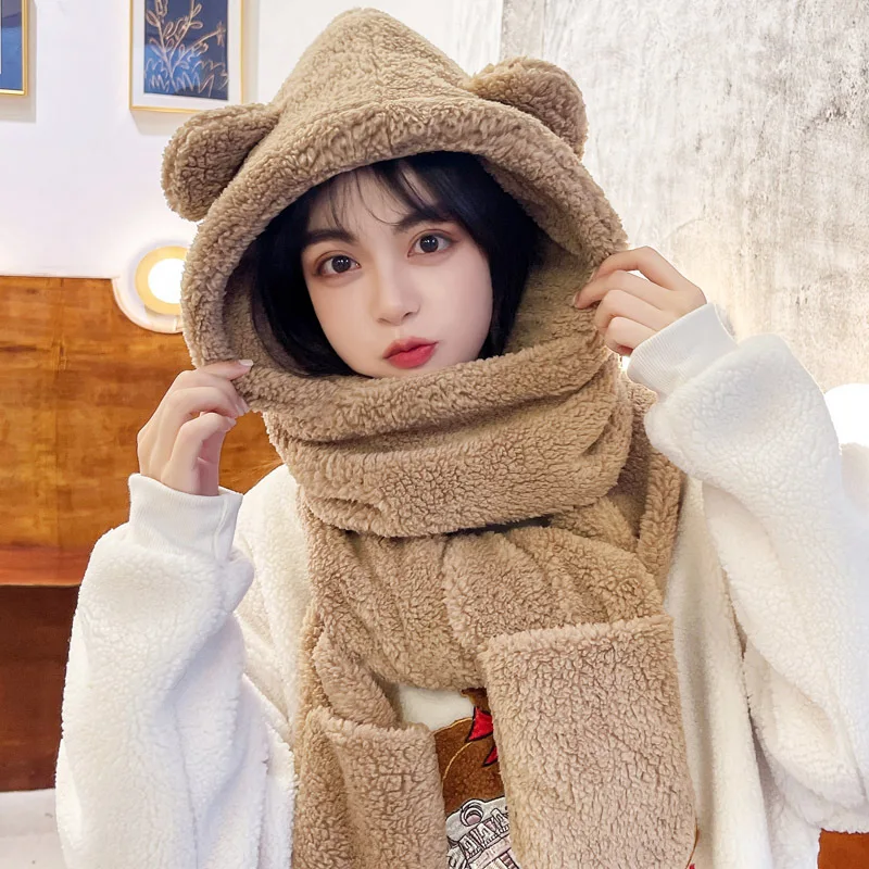 

New LA Brand Bear Scarf Hooded Integrated Ear Protection Christmas Scarf All-match Cute Warm Autumn and Winter Thickened Gift