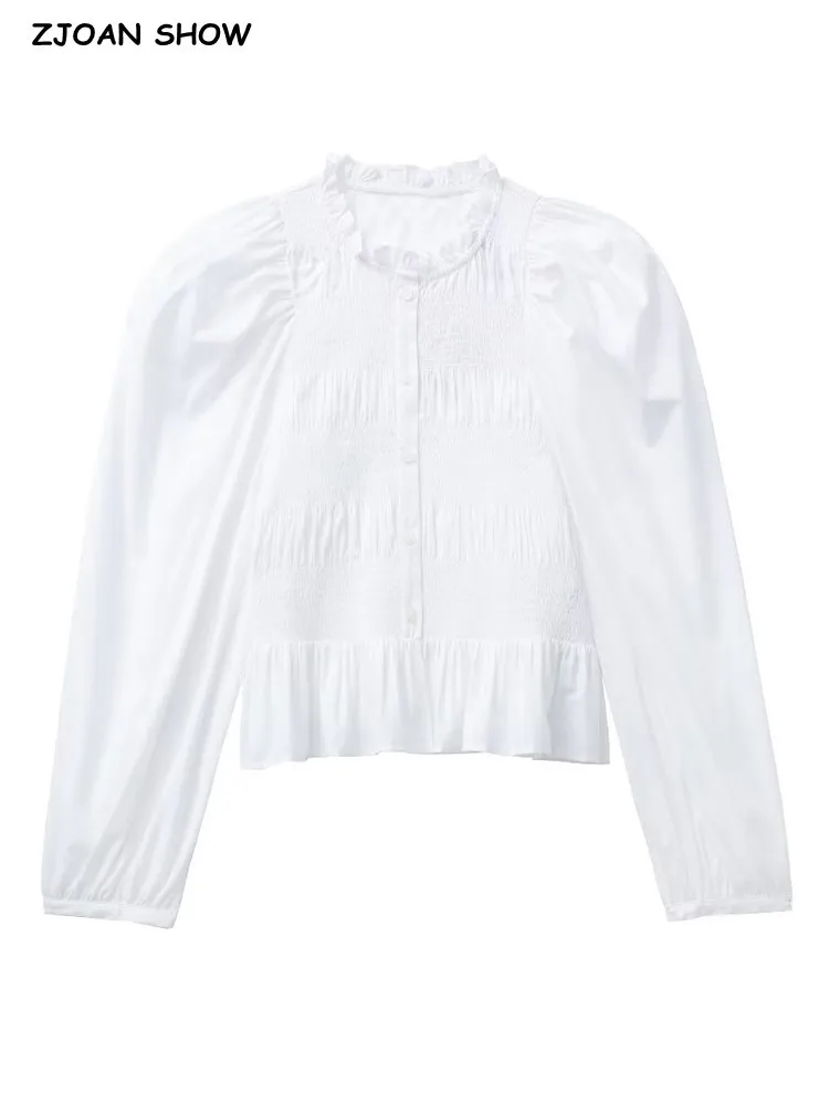 

2023 Fashion White Wood ears O neck Poplin Shirt Women Elastic Bodycon Body Puff Sleeve Blouse Single-breasted Buttons Tops