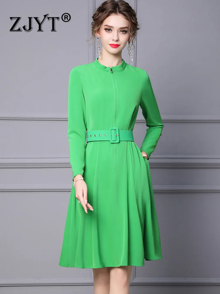 

ZJYT Runway Fashion Autumn Women Dress Long Sleeve Elegant Stand Neck Solid Green Belt Party Vestidos Knee Length Casual Robes