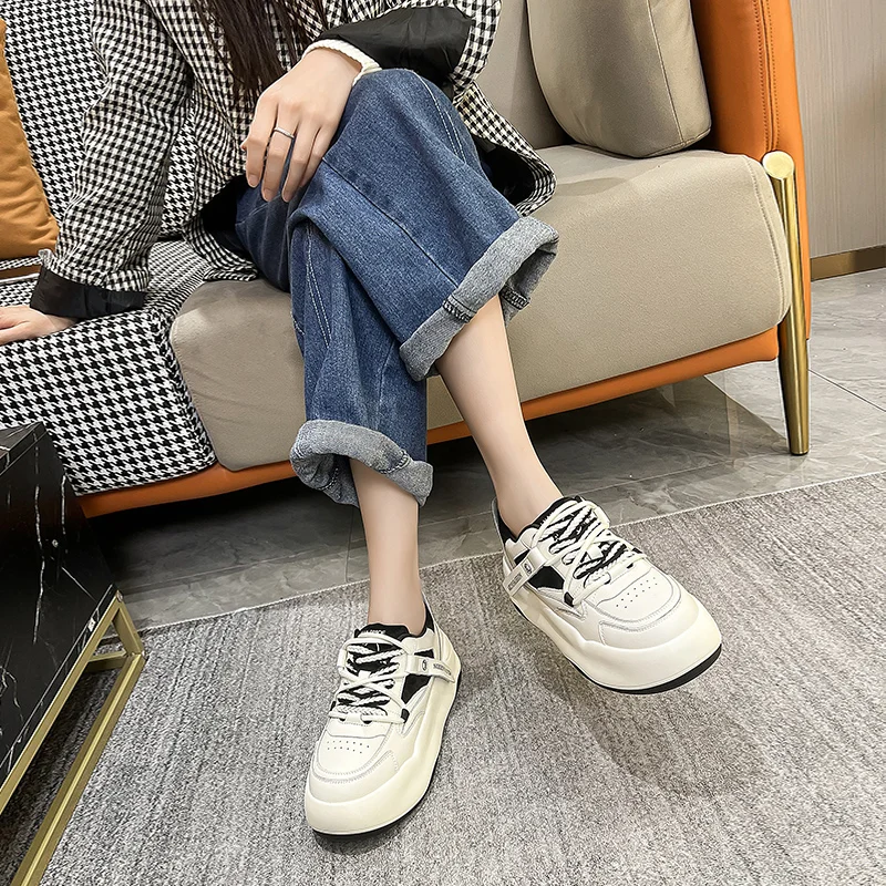 Autuspin 5cm Flat Platform Skateboard Shoes Women Fashion Round Toe Genuine Leather Females Vulcanized Sneakers Casual Size 39