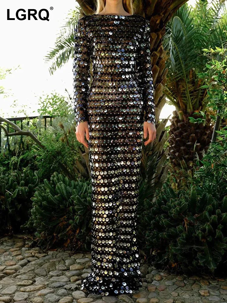 

Модные сексуальные платья LGRQ для женщин, новинка, однотонное облегающее платье с круглым вырезом и длинным рукавом, блестками и разрезом, же...