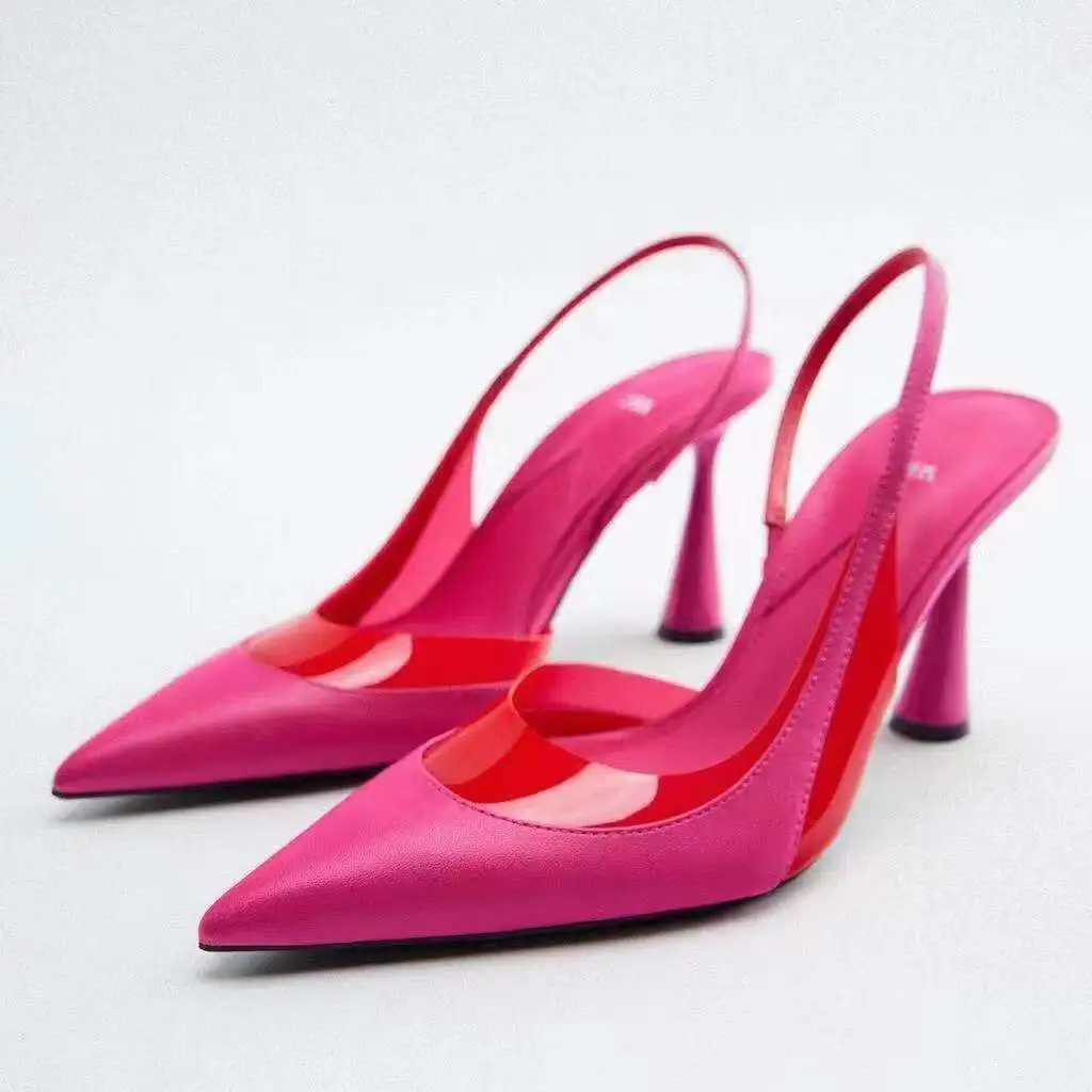 

ZRACK 2022 Summer New Rose Red Single Shoes Women Fashion PVC Stitching Pointed Toe High Heels Sexy Stiletto Sandals Pumps Woman