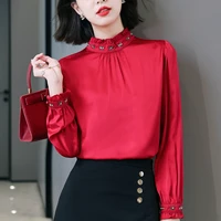 embroidered flares womens shirts silk long sleeve shirt 2022 spring female solid ladies tops ruffled fashion ol womens clothing