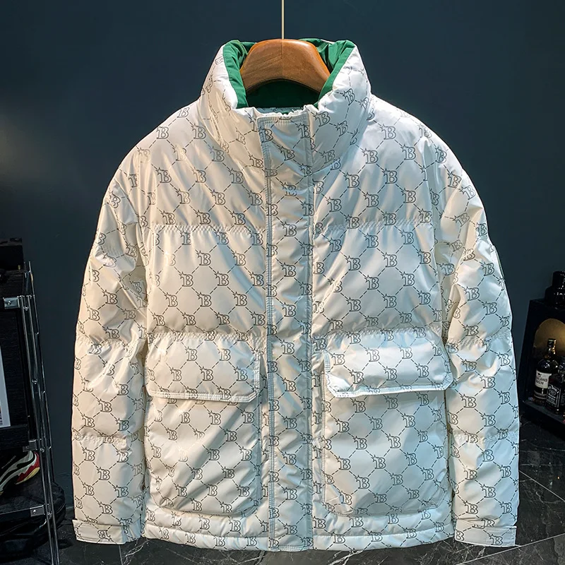 

Men'S Down Jacket Winter New Warm Cold-Resistant Coat Stand Collar Loose Fashion Printed Casual Winter Jackets For Men