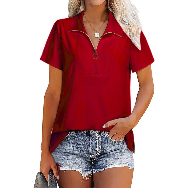 

Женская Повседневная футболка с коротким рукавом и V-образным вырезом, однотонная туника на молнии с воротником, топы, Прямая поставка