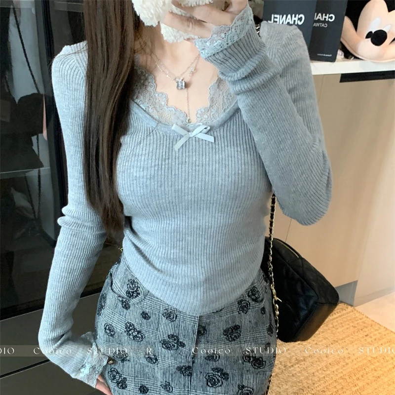 Женский свитер с кружевным воротником осень 2024 новый корейский универсальный
