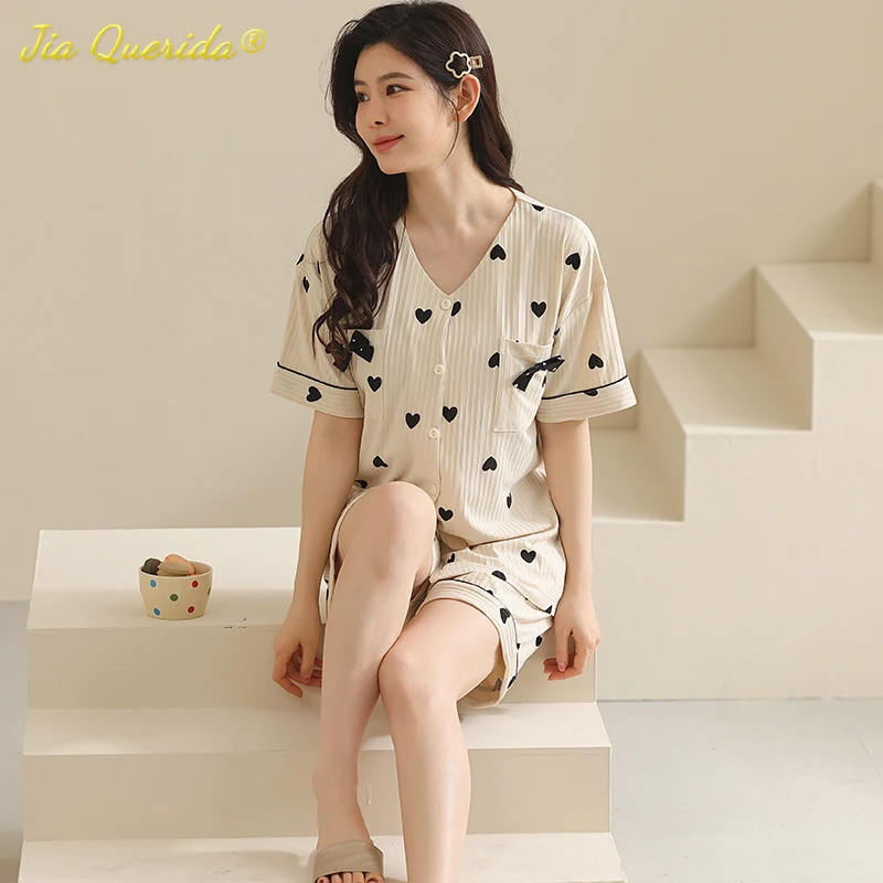 

New Fashion Summer Black Short Sleeve Short Pants Pajamas for Lady Heart Printing Bow Soft Cotton Homewear for Young Girls